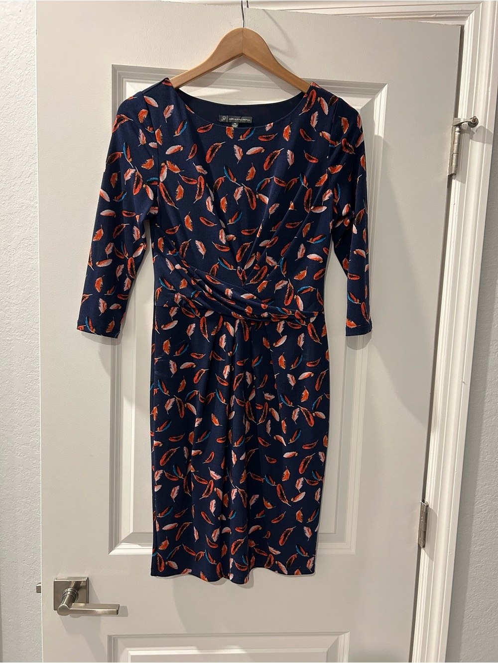 Navy Feather-Print Sheath Dress - 3/4 Sleeve